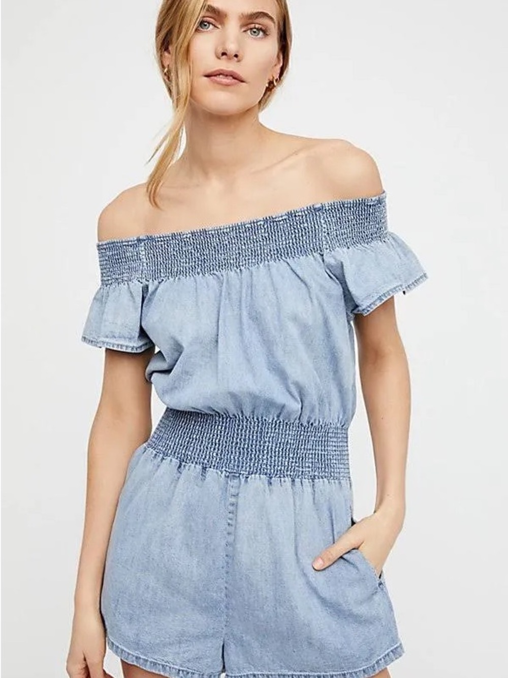 Free People Light Wash Off-Shoulder Denim Romper